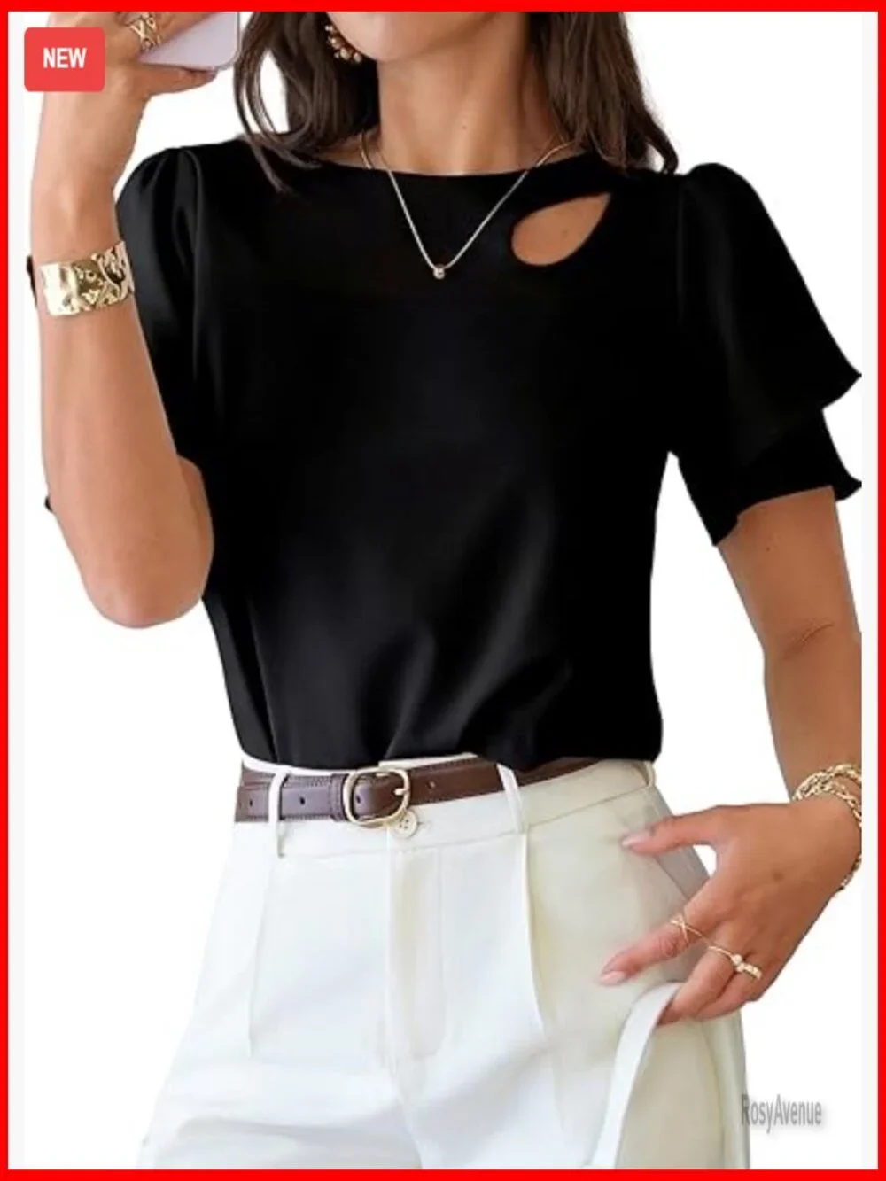 Double Layer Ruffle Sleeve Crewneck Cut-Out Blouse - Picture 1 of 7